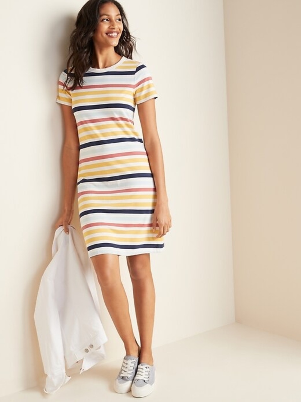 Old Navy Striped Crewneck Dress in Yellow, Navy, Pink, Cream
